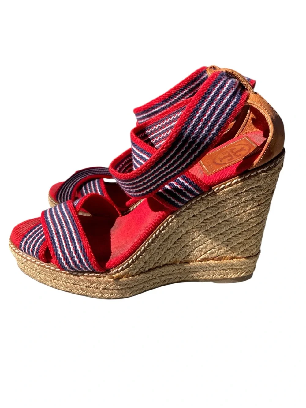 Tory Burch Red Navy Stripe Espadrille Wedge Sandals Size 8 Nautical Americana
